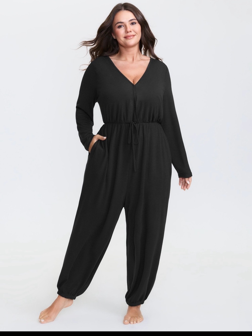 Plus Size Black V-Neck Drawstring Jumpsuit